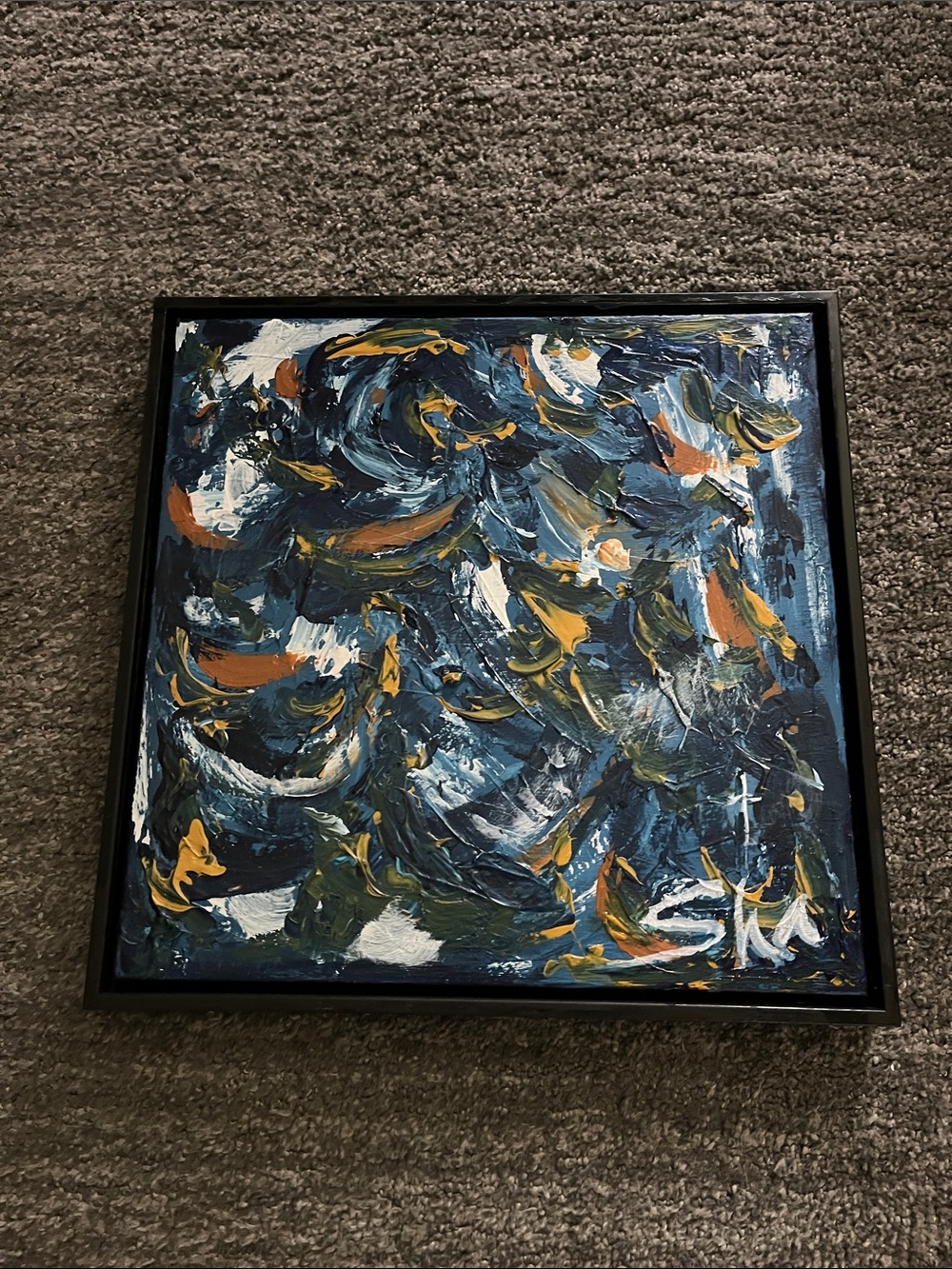 14”x14”Contemporary Abstract Canvas Painting in Blue, Yellow & White